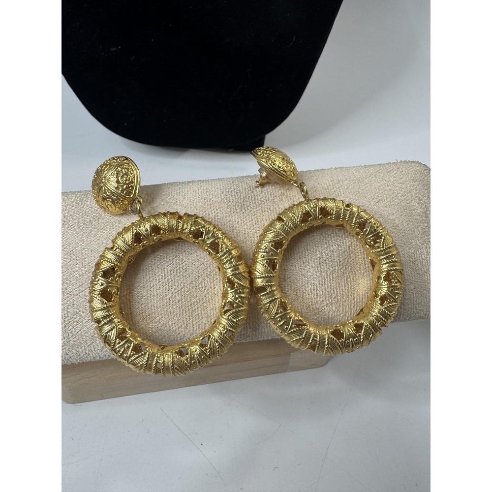 Monet Vintage Gold Tone Door Knocker Earrings Basket Weave Textured Hoop Drop